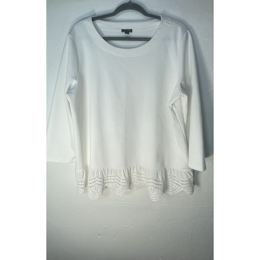 Ann Taylor Factory Women's XL White Top 3/4 Sleeve Eyelet Lace Scallop Hem prepp